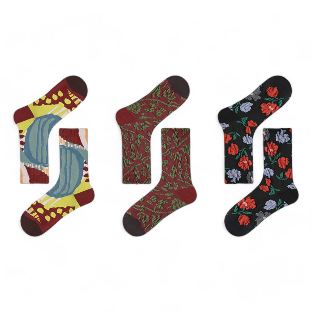 Alilang Women's 3-Pack Patterned Crew Socks with Vintage Embroidered Floral and Abstract Prints