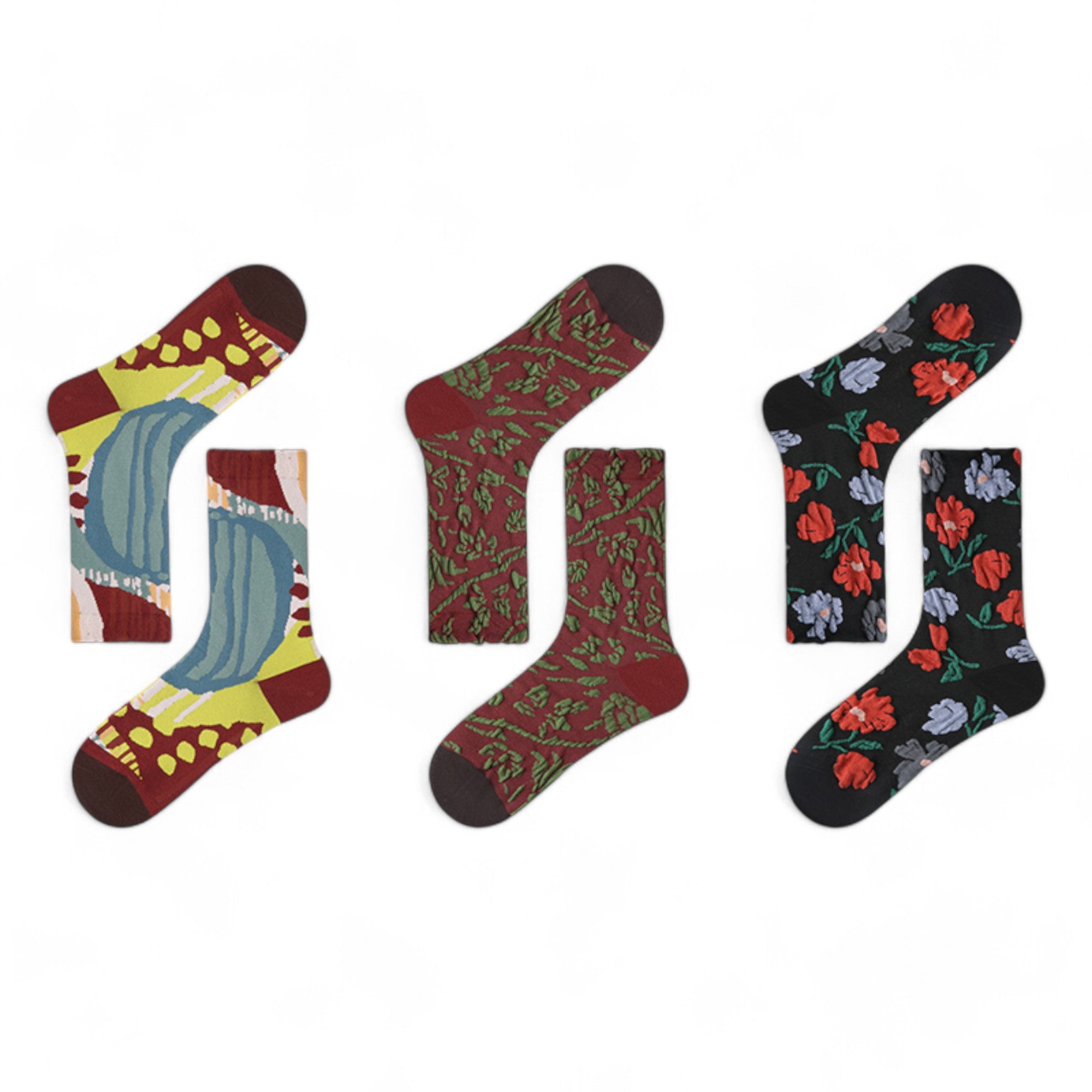 Alilang Women's 3-Pack Patterned Crew Socks with Vintage Embroidered Floral and Abstract Prints