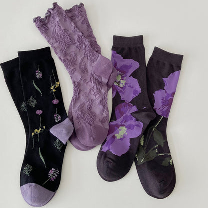 Alilang Women's 3-Pack Patterned Crew Socks with Vintage Embroidered Floral and Abstract Prints