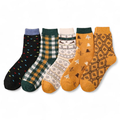 Alilang Women's 5-Pack Assorted Patterned Thick Knit Socks with Plaid and Holiday Prints