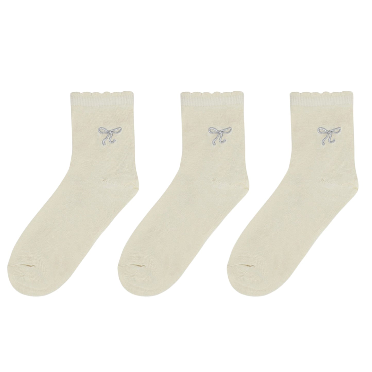 Women's 3-Pack Soft Knit Ankle Socks with Scalloped Trim and Embroidered Bow Detail