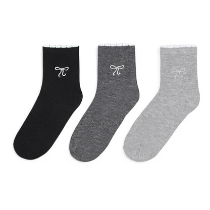 Women's 3-Pack Soft Knit Ankle Socks with Scalloped Trim and Embroidered Bow Detail