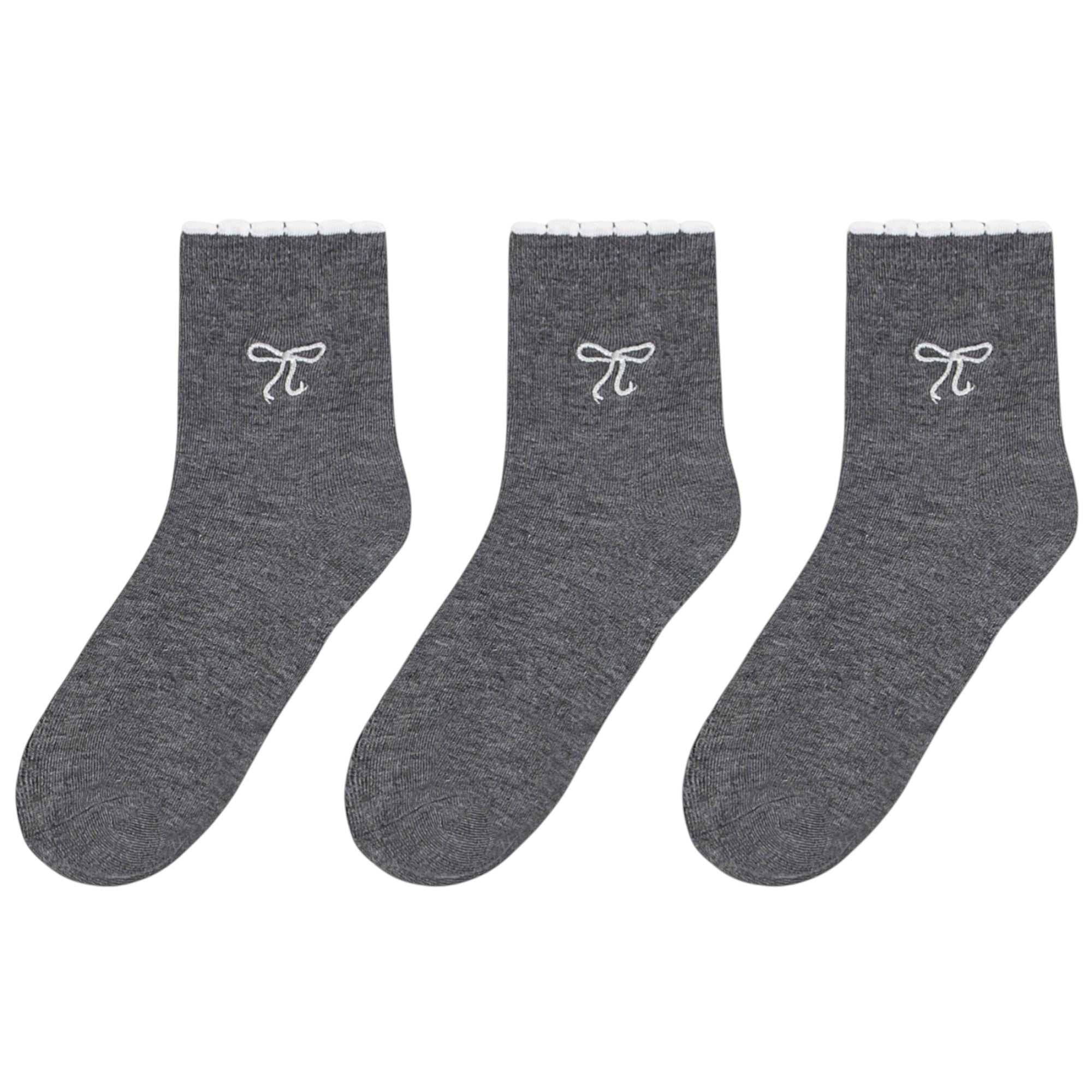 Women's 3-Pack Soft Knit Ankle Socks with Scalloped Trim and Embroidered Bow Detail
