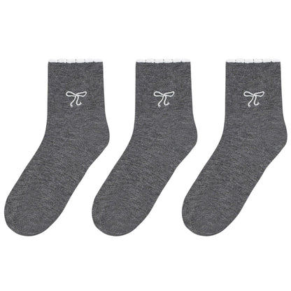 Women's 3-Pack Soft Knit Ankle Socks with Scalloped Trim and Embroidered Bow Detail