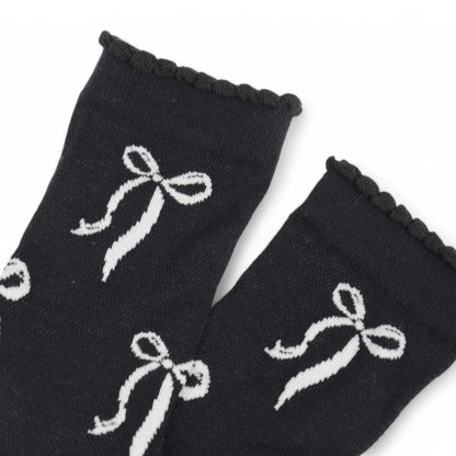 Women's 2-Pack Bow Pattern Crew Socks with Scalloped Trim and Contrast Details