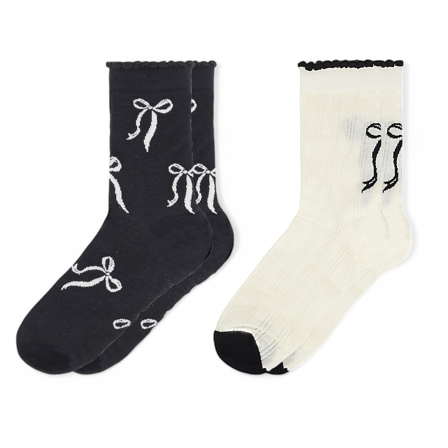 Women's 2-Pack Bow Pattern Crew Socks with Scalloped Trim and Contrast Details