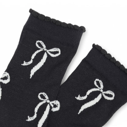 Women's 2-Pack Bow Pattern Crew Socks with Scalloped Trim and Contrast Details