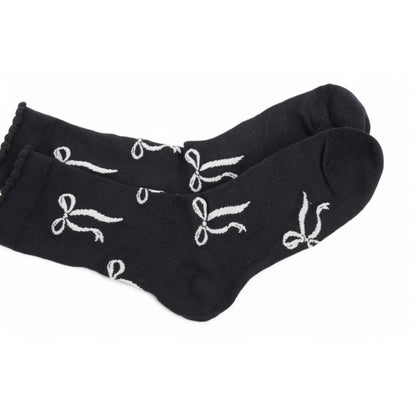 Women's 2-Pack Bow Pattern Crew Socks with Scalloped Trim and Contrast Details