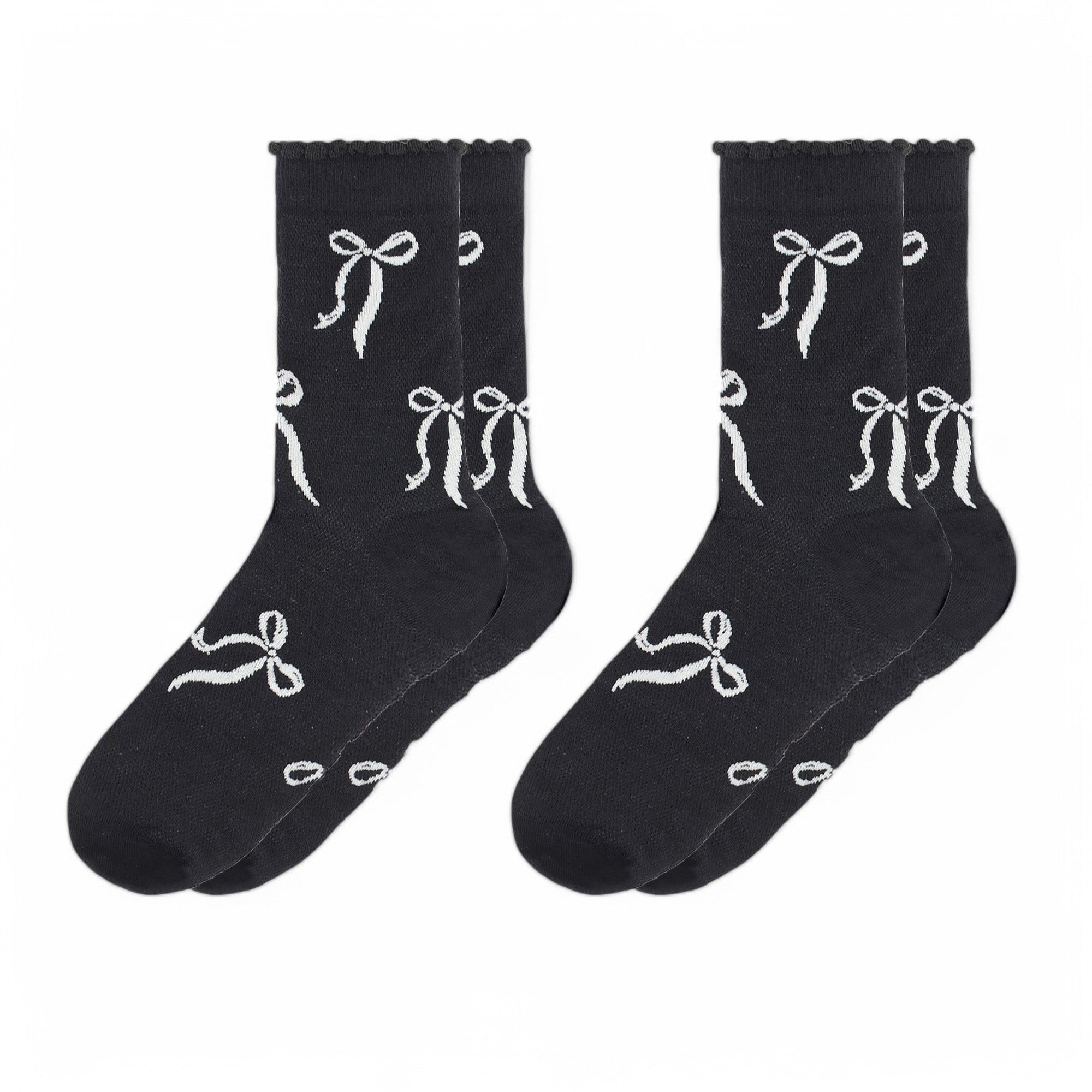 Women's 2-Pack Bow Pattern Crew Socks with Scalloped Trim and Contrast Details
