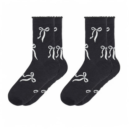 Women's 2-Pack Bow Pattern Crew Socks with Scalloped Trim and Contrast Details