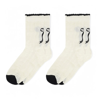 Women's 2-Pack Bow Pattern Crew Socks with Scalloped Trim and Contrast Details