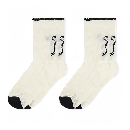 Women's 2-Pack Bow Pattern Crew Socks with Scalloped Trim and Contrast Details
