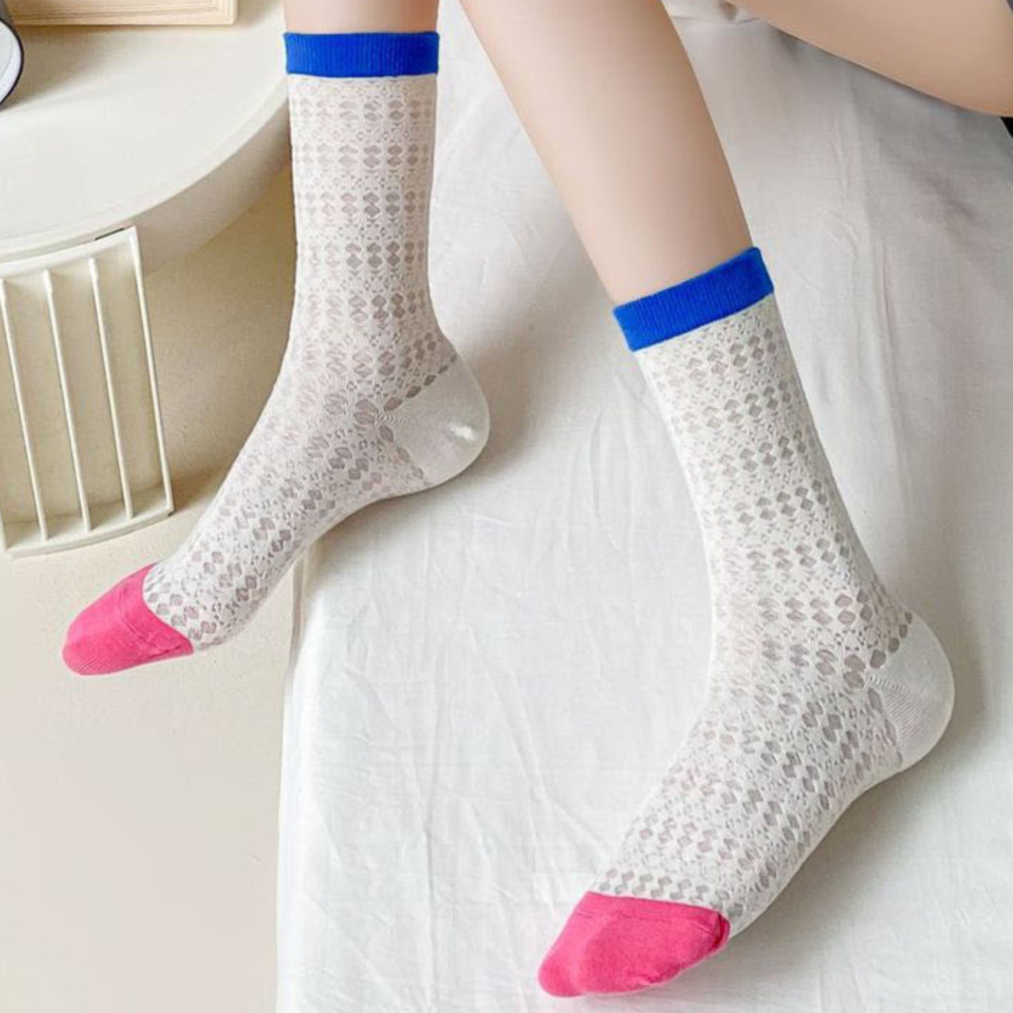 Anna-Kaci Women's Textured Knit Crew Socks with Color Block Cuffs and Toe Accents