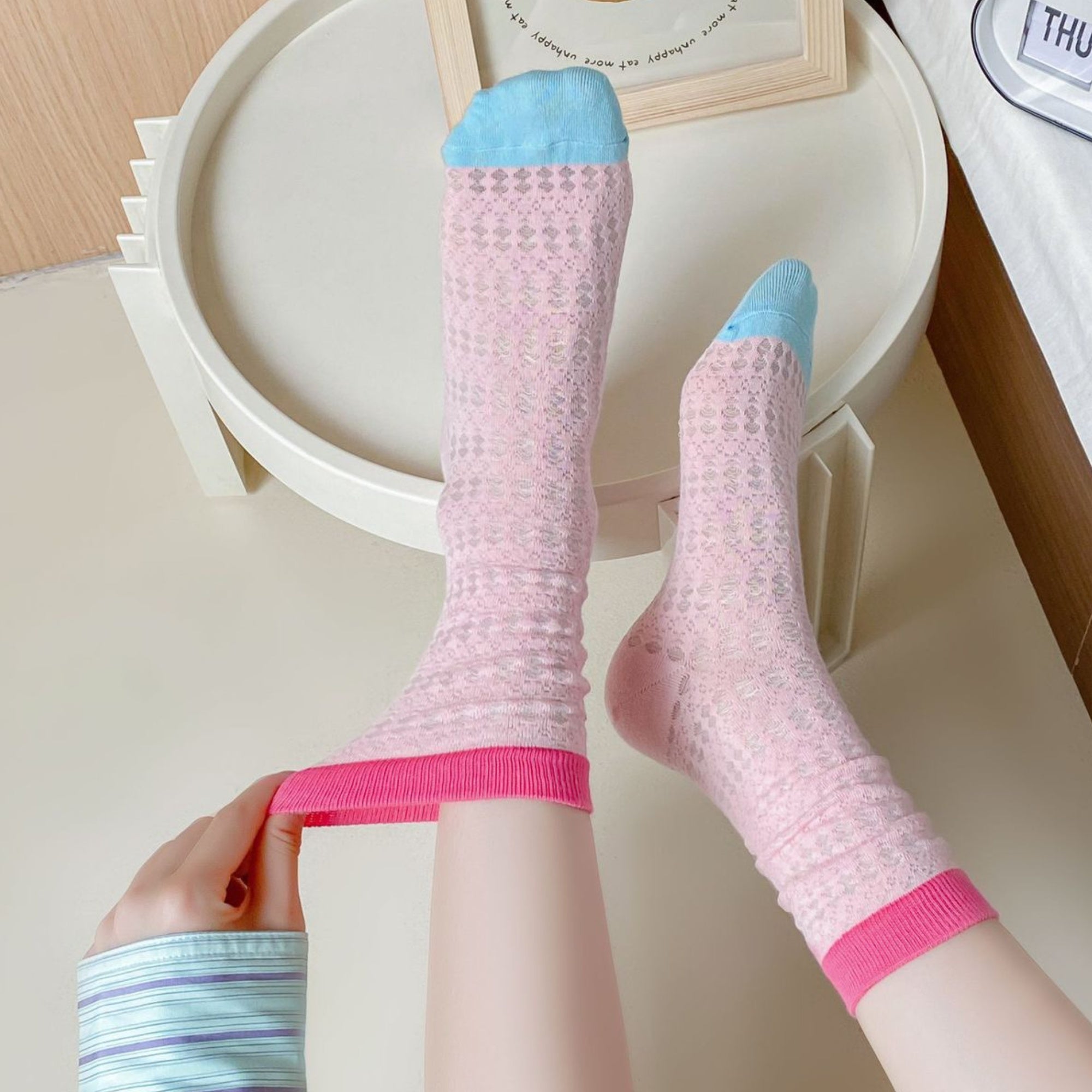 Anna-Kaci Women's Textured Knit Crew Socks with Color Block Cuffs and Toe Accents