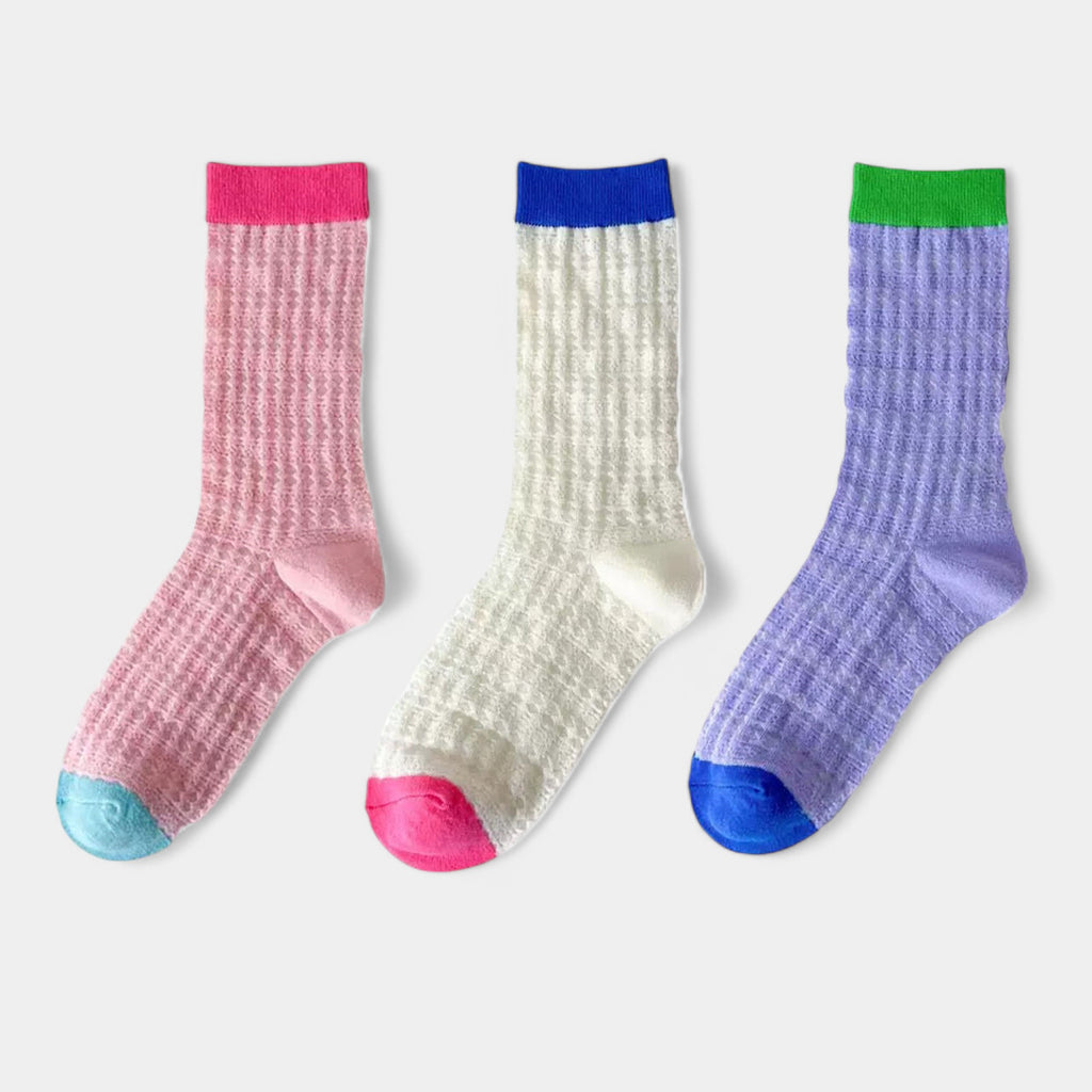 Anna-Kaci Women's Textured Knit Crew Socks with Color Block Cuffs and Toe Accents