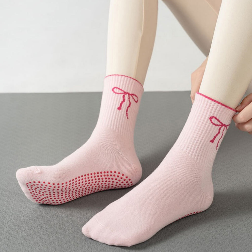 Anna-Kaci Women's 2-Pack Non-Slip Grip Socks with Bow Embroidery and Anti-Skid Dot Soles