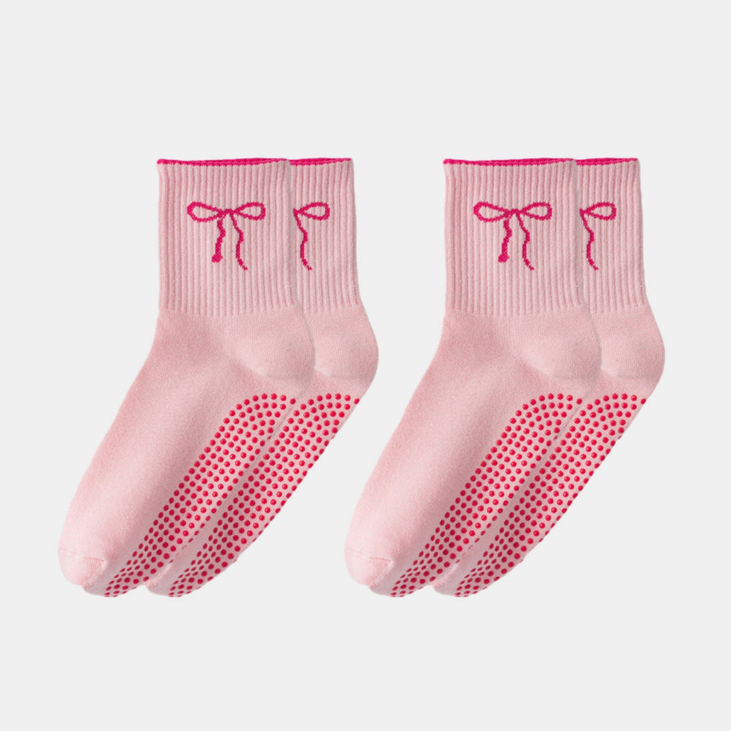 Anna-Kaci Women's 2-Pack Non-Slip Grip Socks with Bow Embroidery and Anti-Skid Dot Soles