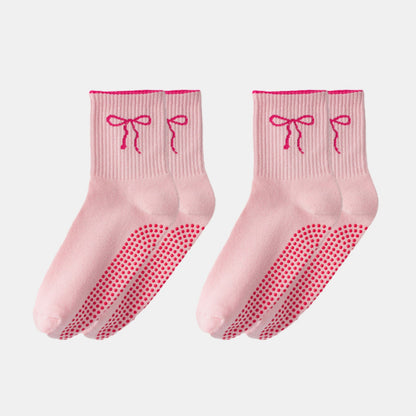 Anna-Kaci Women's 2-Pack Non-Slip Grip Socks with Bow Embroidery and Anti-Skid Dot Soles
