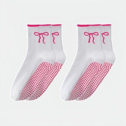 Anna-Kaci Women's 2-Pack Non-Slip Grip Socks with Bow Embroidery and Anti-Skid Dot Soles