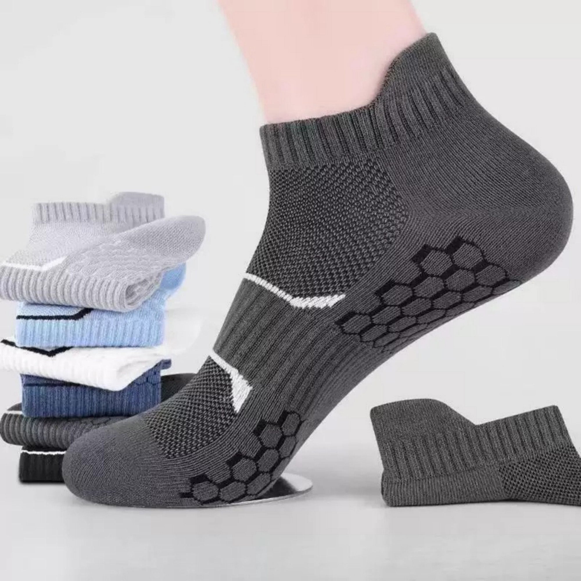 Anna-Kaci Men's Cushioned Low Cut Grip Socks 5-Pack with Arch Support and Breathable Mesh Panels
