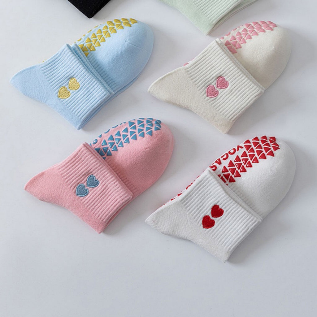 Anna-Kaci Women's Grip Ankle Socks 3-Pack with Heart Embroidery and Anti-Slip Soles for Yoga and Indoor Use