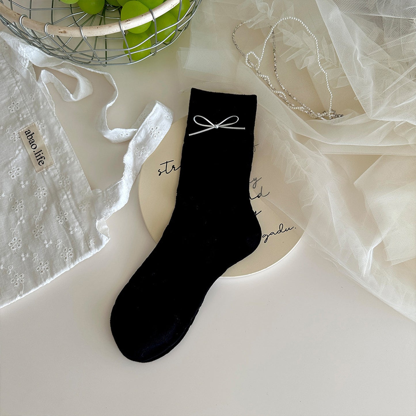 Anna-Kaci Women's Eyelet Knit Socks with Faux Leather Bow Detail and Mid-Calf Fit