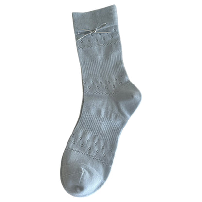 Anna-Kaci Women's Eyelet Knit Socks with Faux Leather Bow Detail and Mid-Calf Fit