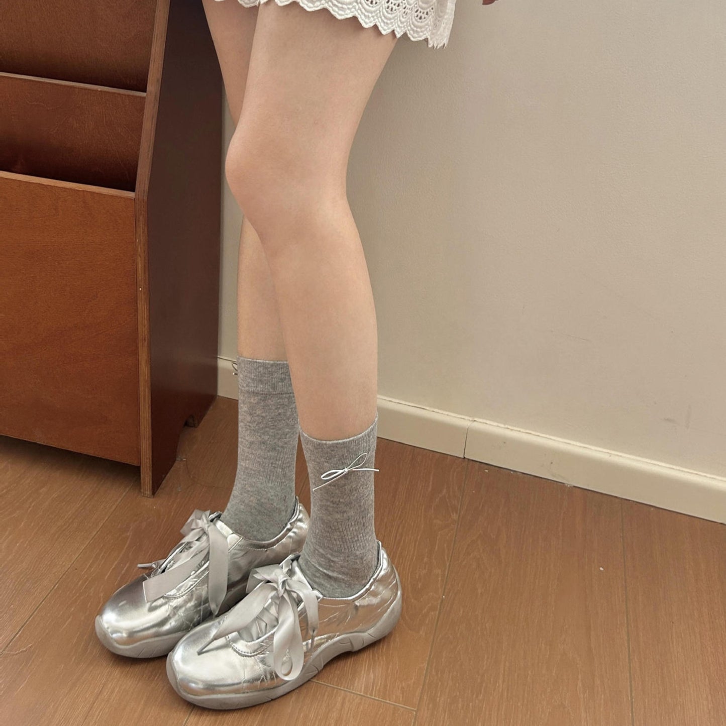 Anna-Kaci Women's Eyelet Knit Socks with Faux Leather Bow Detail and Mid-Calf Fit
