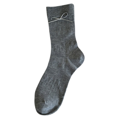 Anna-Kaci Women's Eyelet Knit Socks with Faux Leather Bow Detail and Mid-Calf Fit