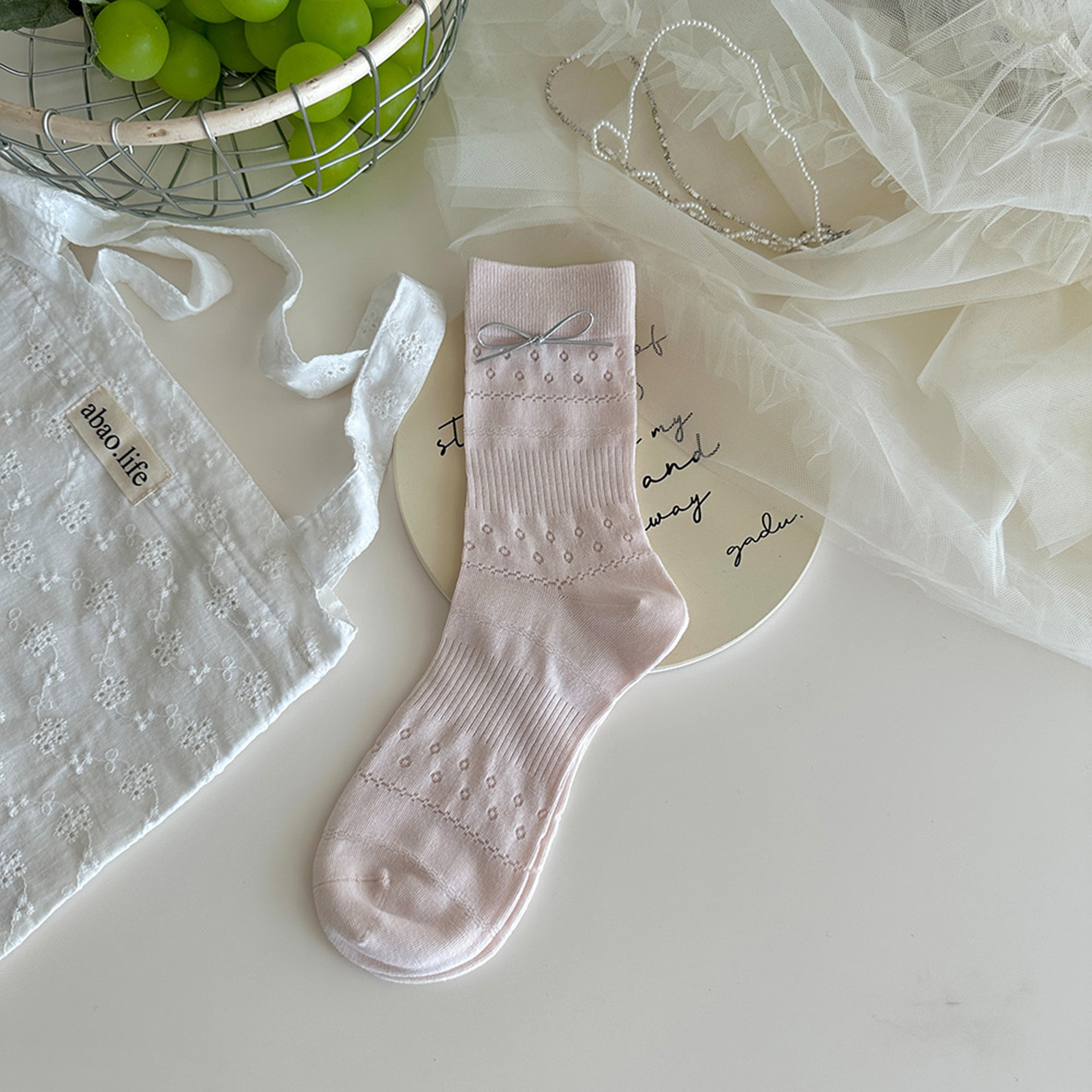 Anna-Kaci 2 Pairs Women's Eyelet Knit Socks with Faux Leather Bow Detail and Mid-Calf Fit