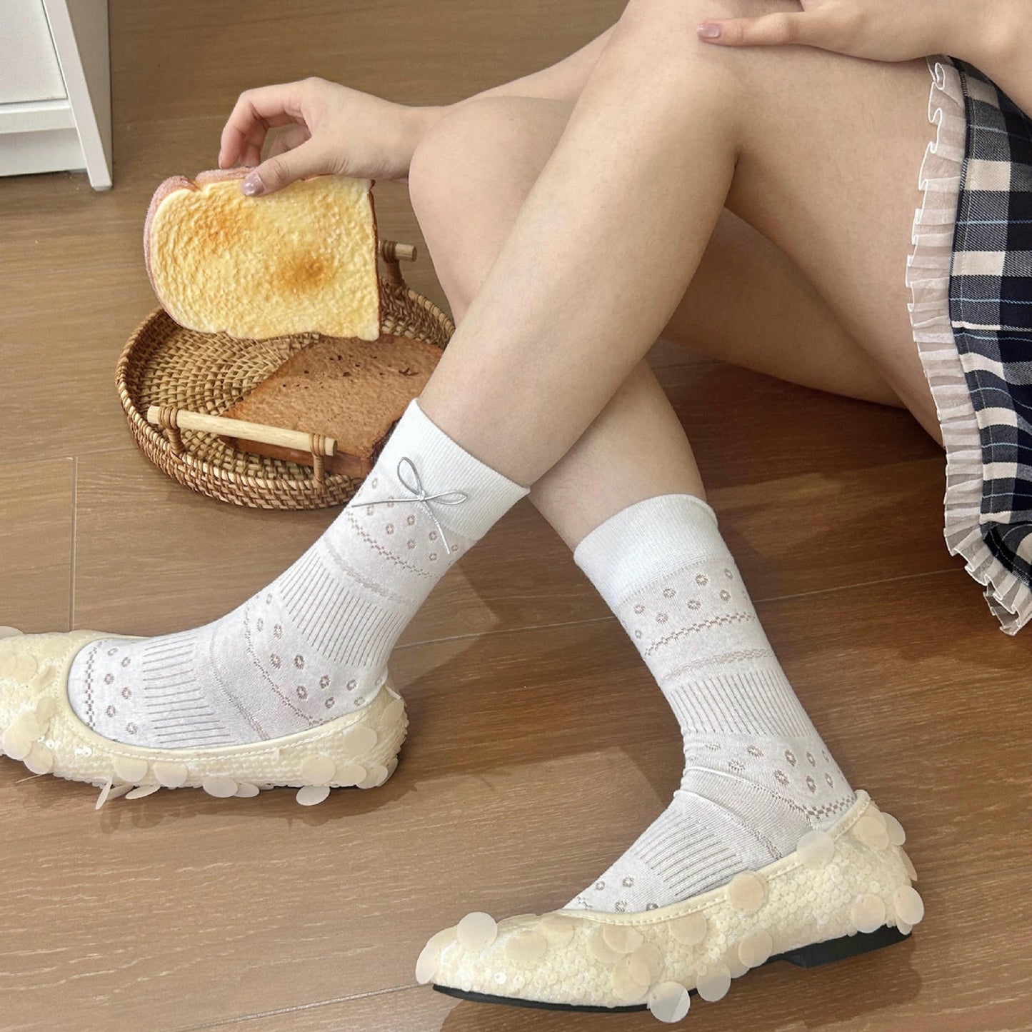 Anna-Kaci Women's Eyelet Knit Socks with Faux Leather Bow Detail and Mid-Calf Fit