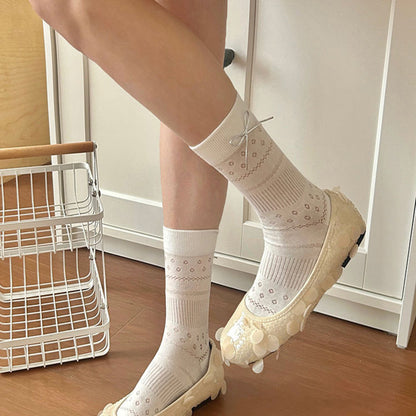 Anna-Kaci Women's Eyelet Knit Socks with Faux Leather Bow Detail and Mid-Calf Fit