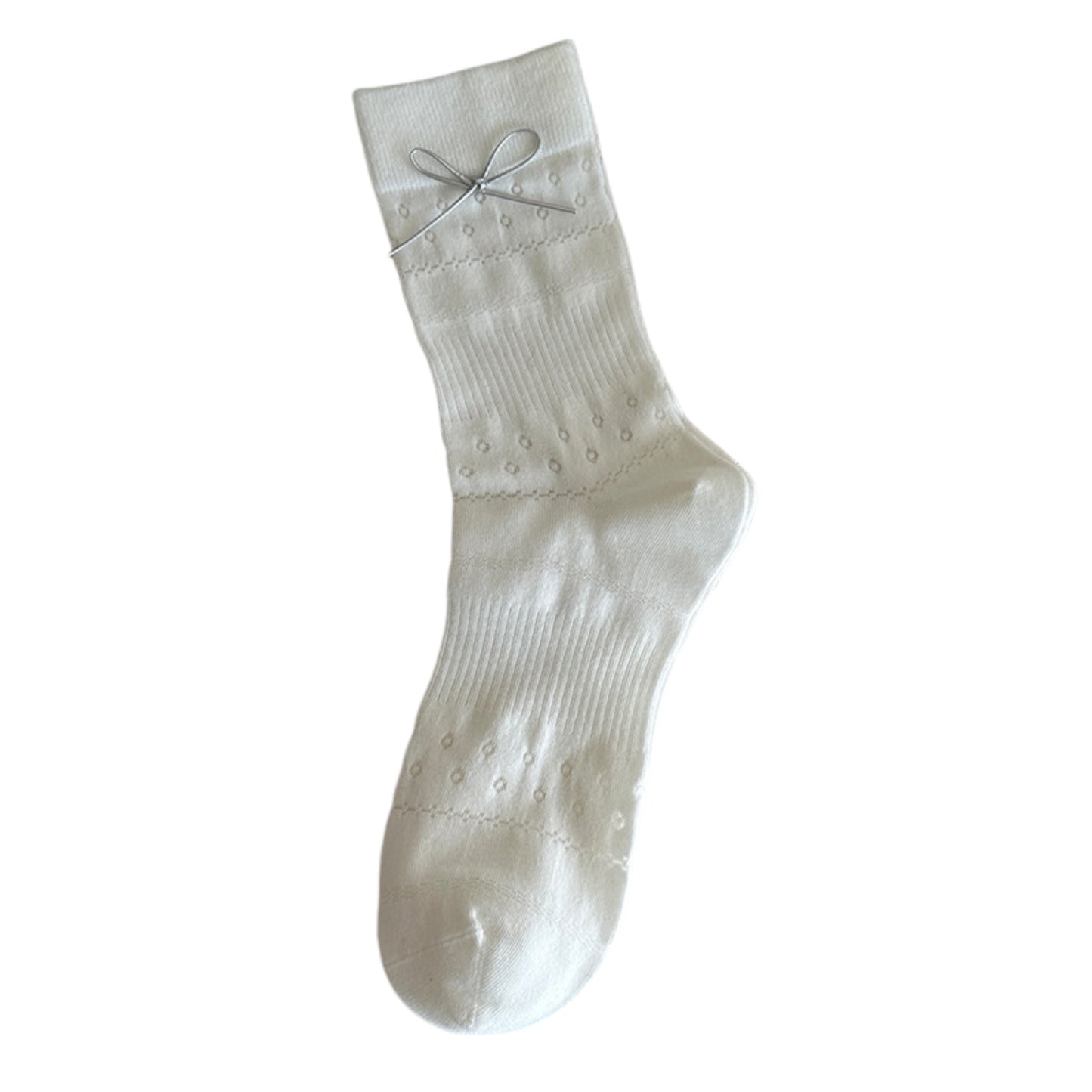 Anna-Kaci Women's Eyelet Knit Socks with Faux Leather Bow Detail and Mid-Calf Fit