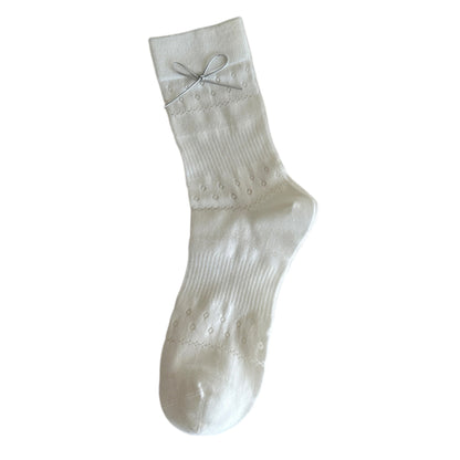 Anna-Kaci Women's Eyelet Knit Socks with Faux Leather Bow Detail and Mid-Calf Fit