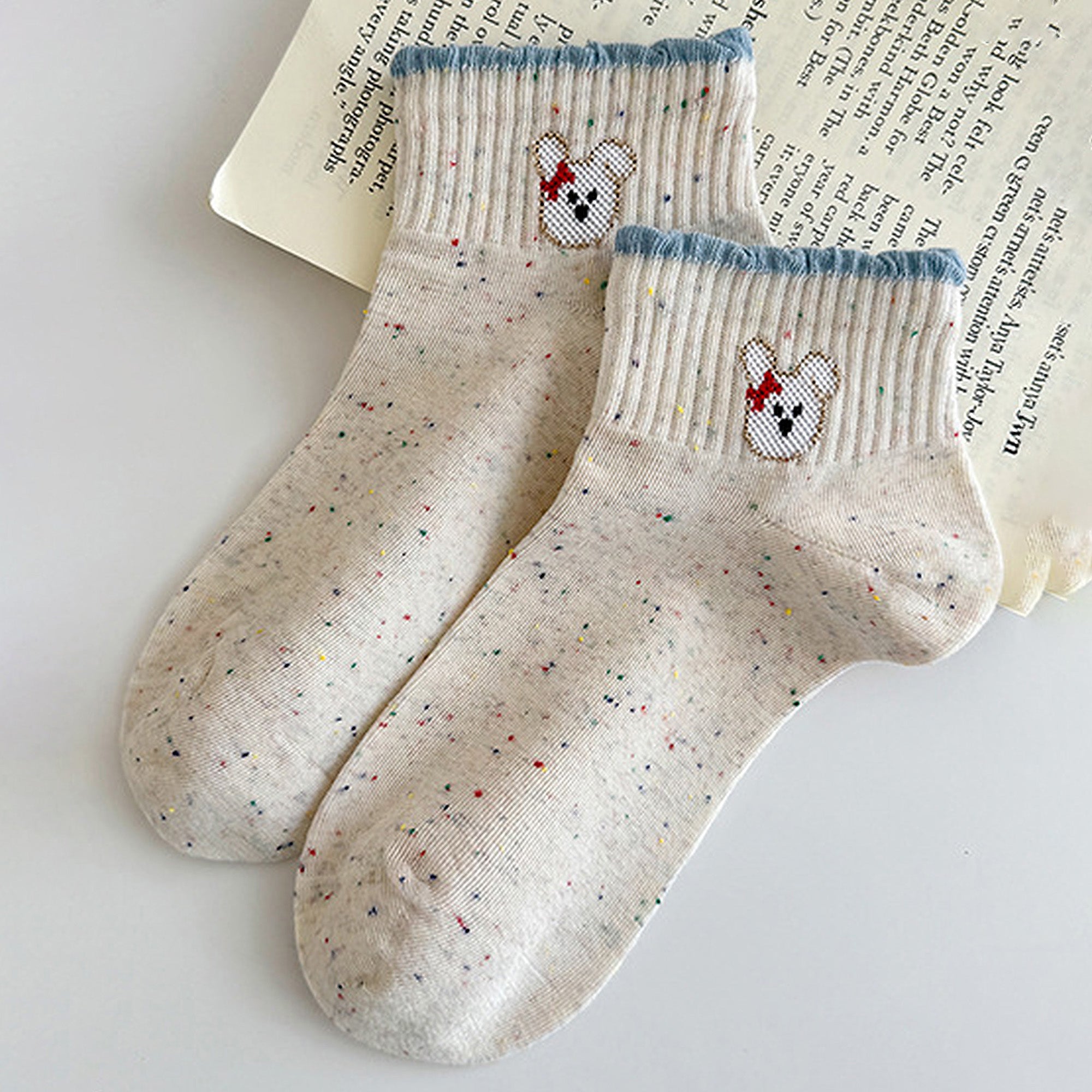 Anna-Kaci Women's Cute Bear Embroidered Speckled Ankle Socks 6pk