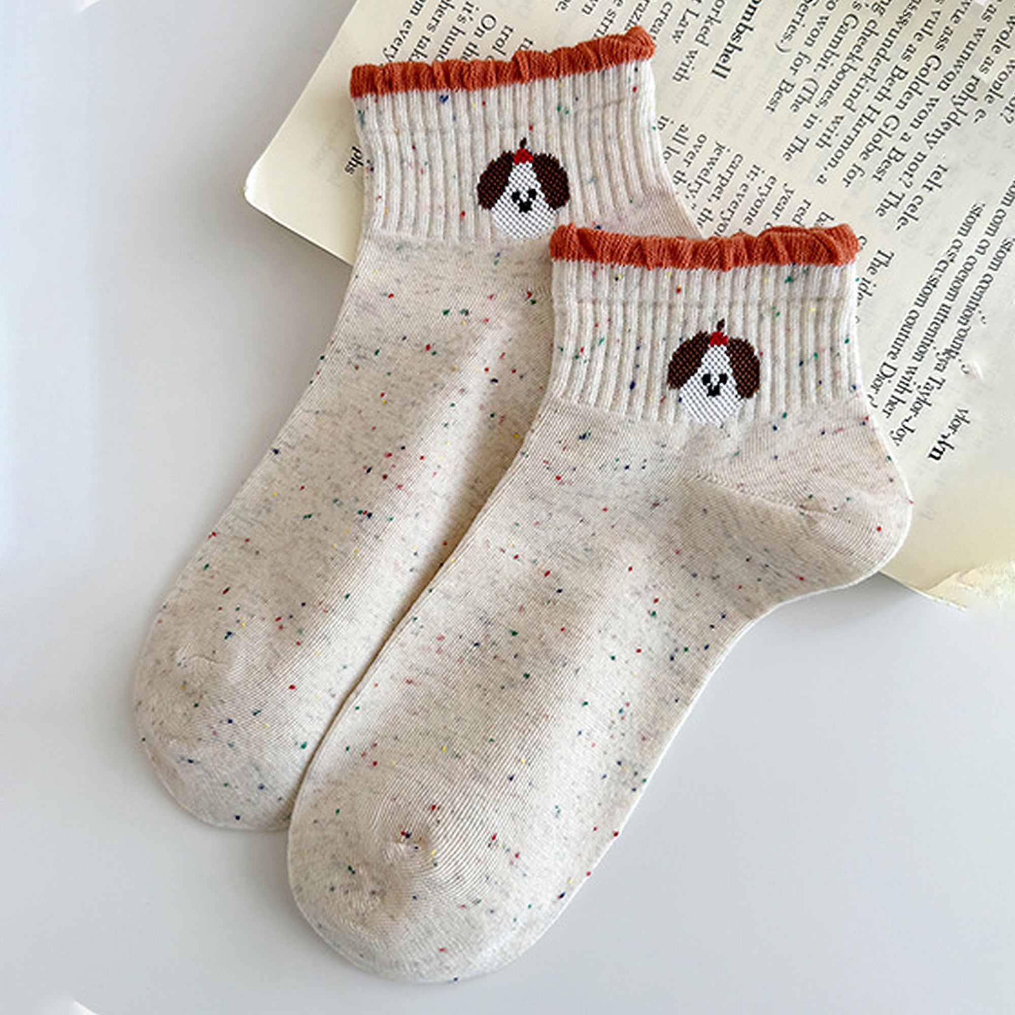 Anna-Kaci Women's Cute Bear Embroidered Speckled Ankle Socks 6pk