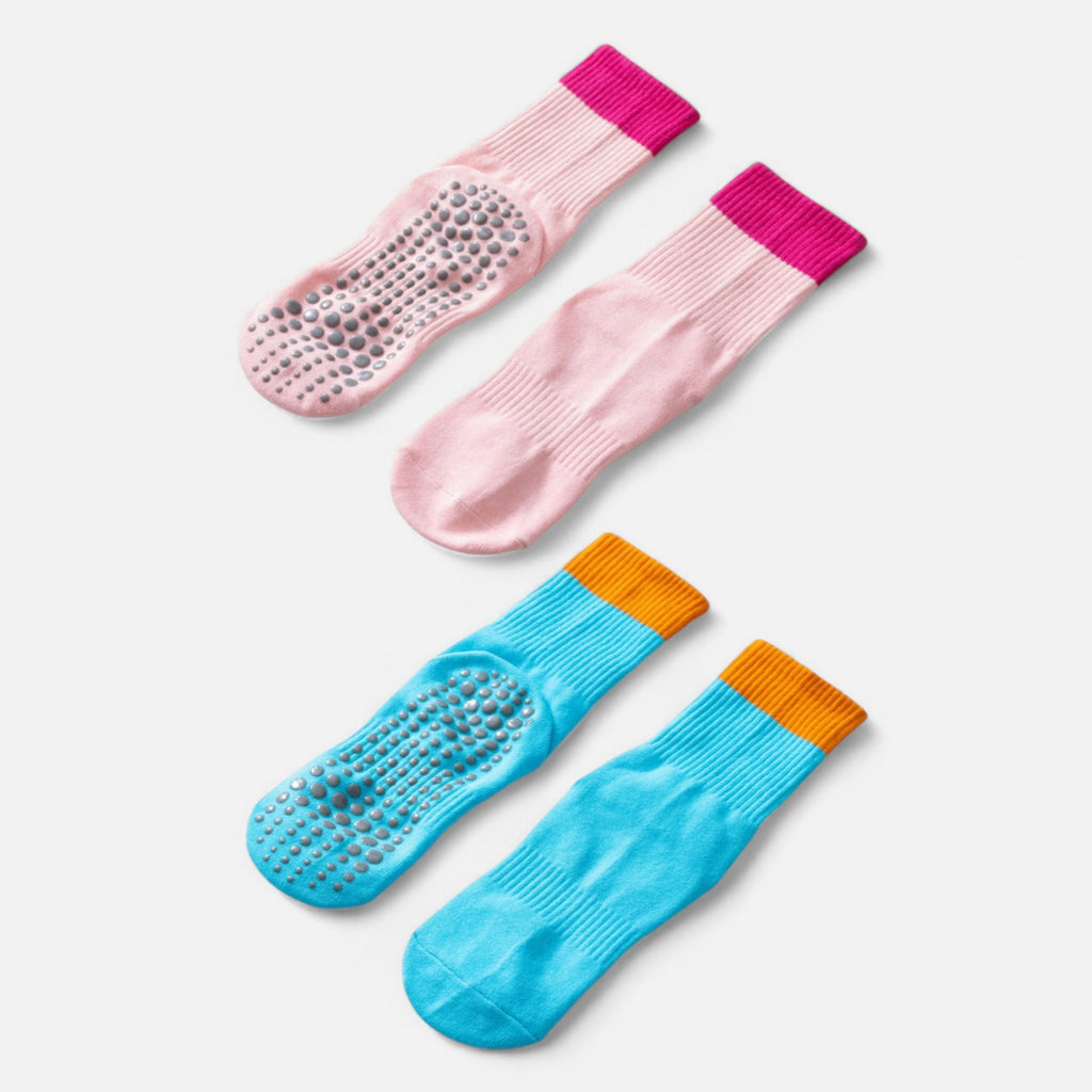 Anna-Kaci Women's Crew Grip Socks 2-Pack with Contrast Cuffs and Raised Textured Soles for Indoor Comfort