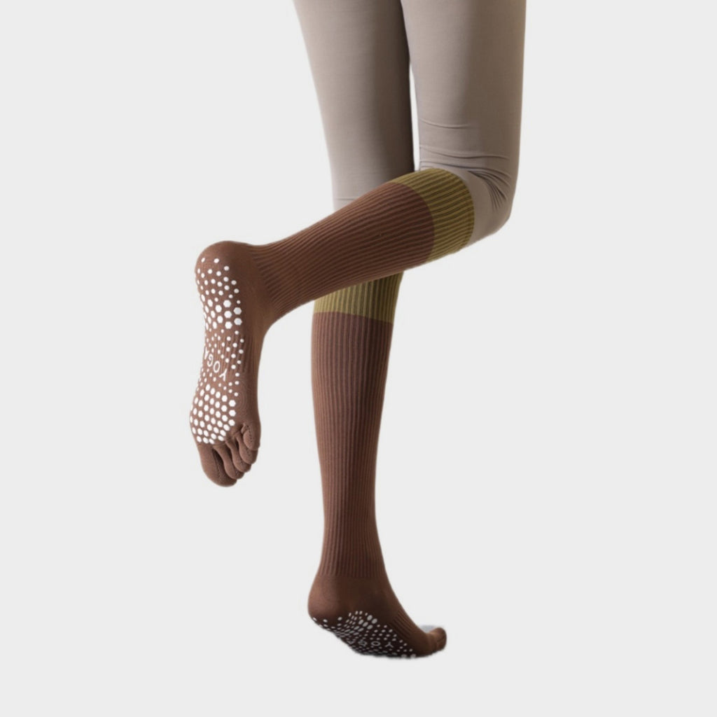 Anna-Kaci Women's 2-Pack Knee High Grip Toe Socks with Ribbed Fabric and Non-Slip Soles for Yoga and Studio Workouts