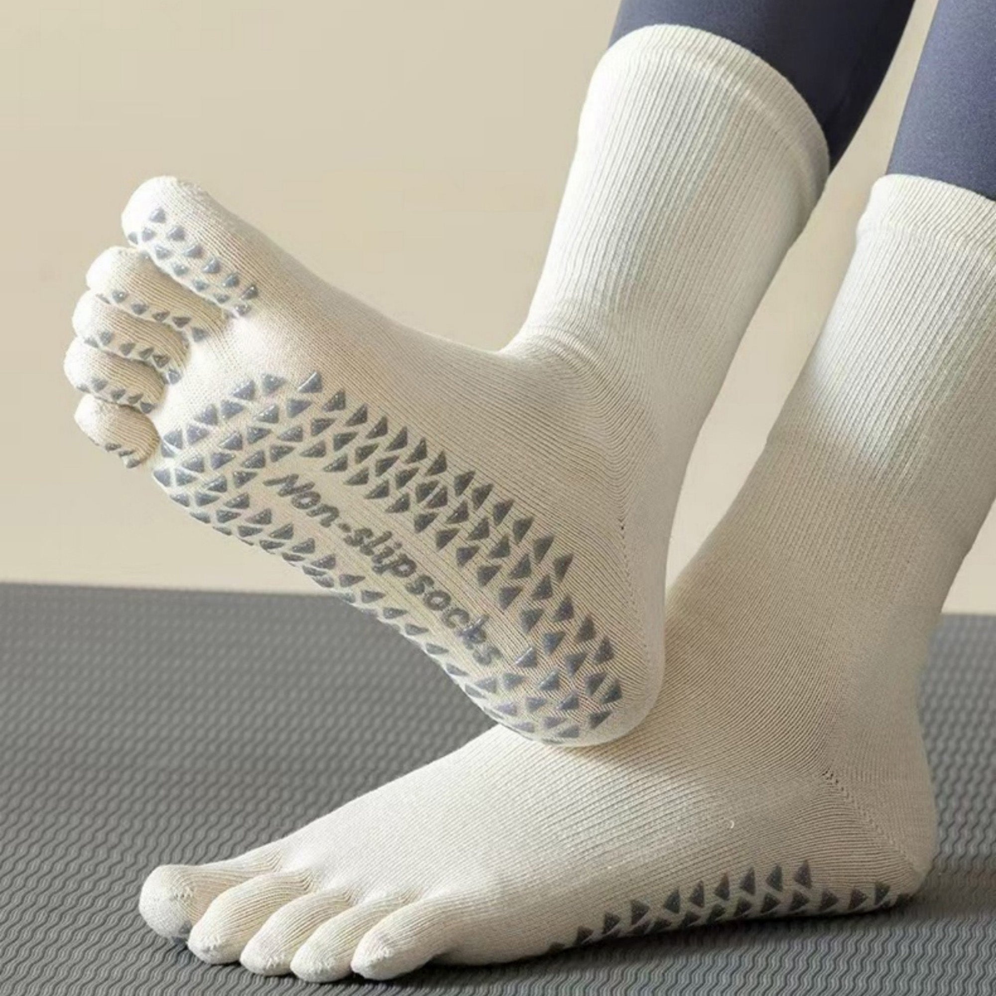 Anna-Kaci Women's 2-Pack Grip Toe Socks with Non-Slip Soles and Ribbed Knit in Neutral Tones for Yoga and Studio Classes