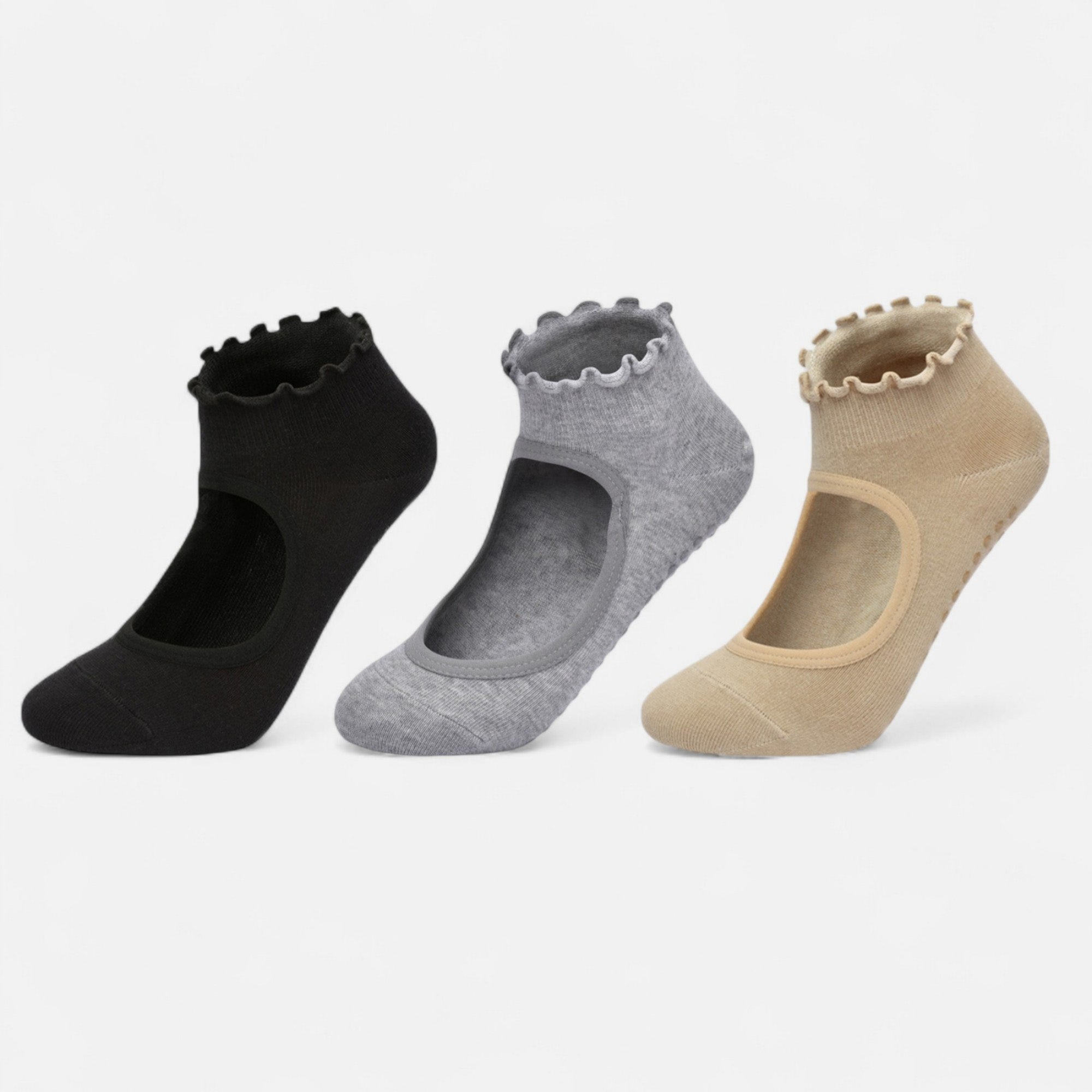 Anna-Kaci Women's 3-Pack Non-Slip Ballet Cut Ankle Socks with Ruffled Trim and Grip Soles for Yoga or Daily Wear