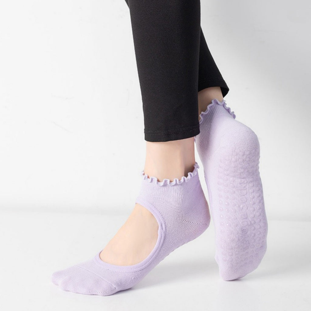 Anna-Kaci Women's 3-Pack Non-Slip Ballet Cut Ankle Socks with Ruffled Trim and Grip Soles for Yoga or Daily Wear