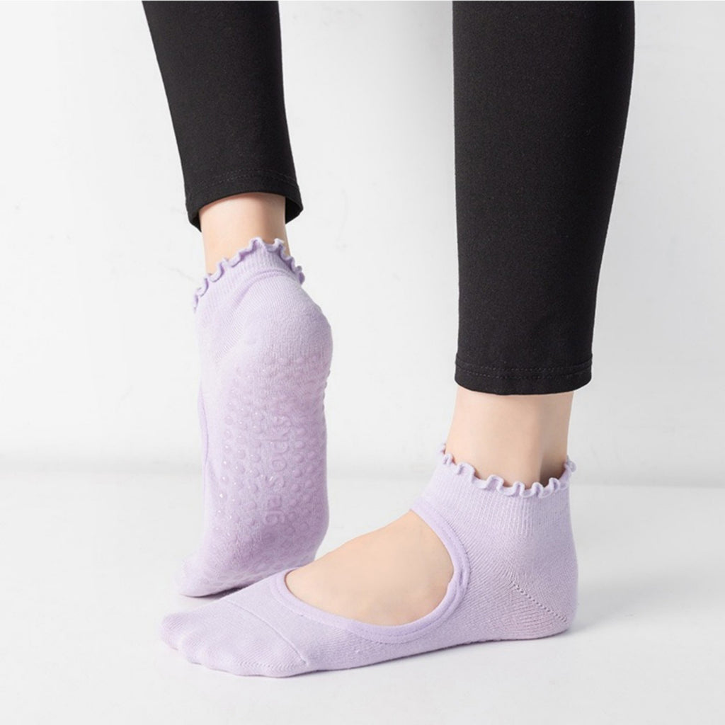 Anna-Kaci Women's 3-Pack Non-Slip Ballet Cut Ankle Socks with Ruffled Trim and Grip Soles for Yoga or Daily Wear