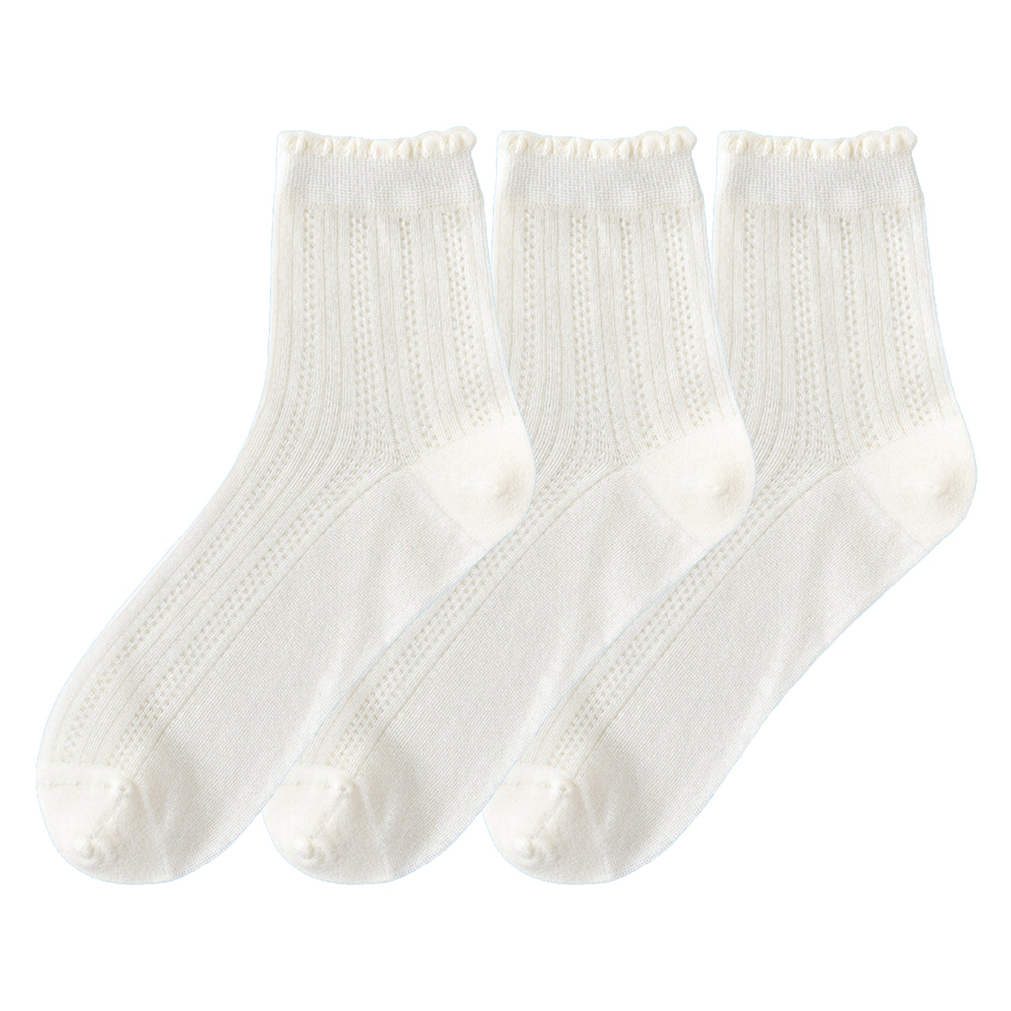 Anna-Kaci 3 Pairs Women's Ruffle Trim Crew Socks Soft Cotton Knit Lightweight Ribbed Texture with Scalloped Edge for Everyday Wear
