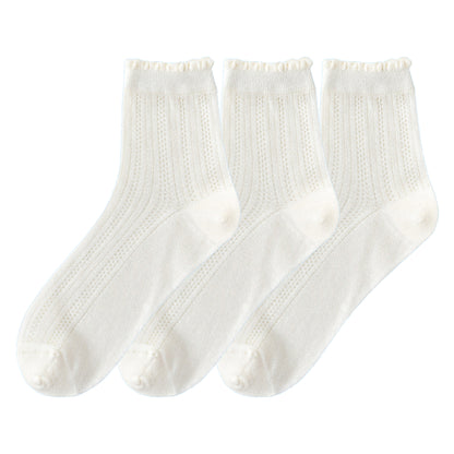Anna-Kaci 3 Pairs Women's Ruffle Trim Crew Socks Soft Cotton Knit Lightweight Ribbed Texture with Scalloped Edge for Everyday Wear