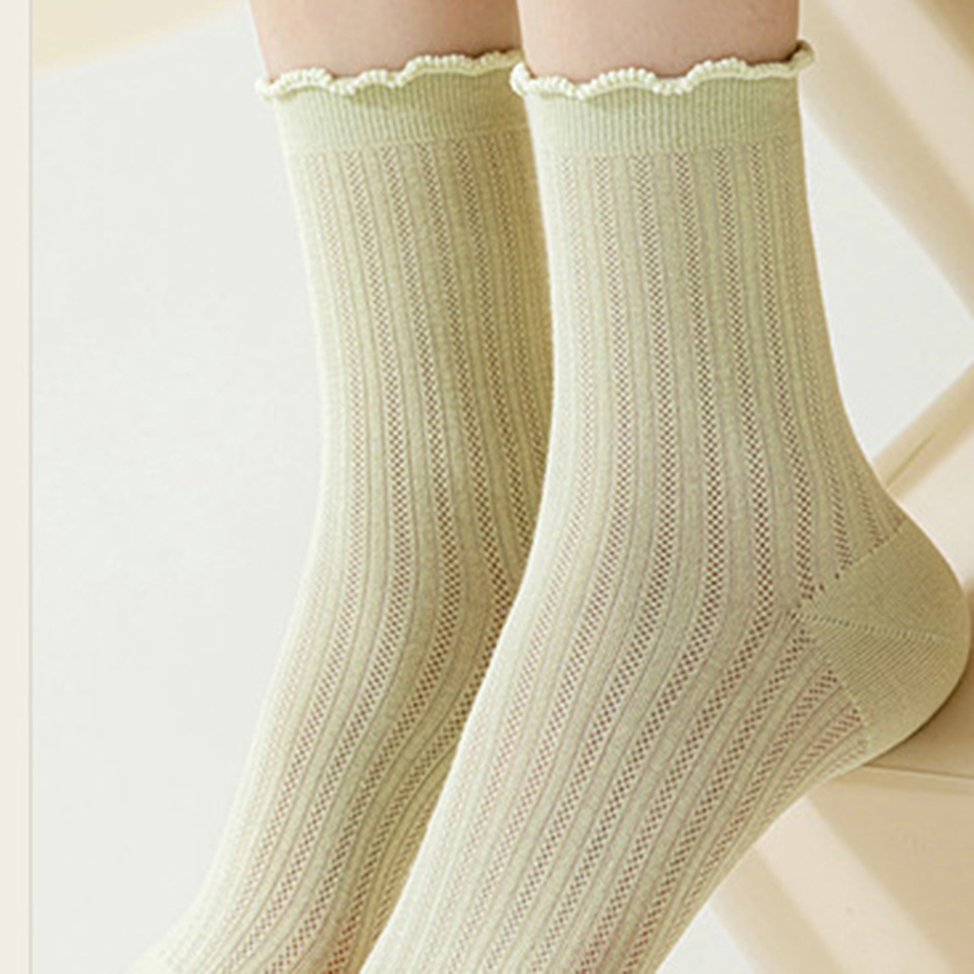 Anna-Kaci 3 Pairs Women's Ruffle Trim Crew Socks Soft Cotton Knit Lightweight Ribbed Texture with Scalloped Edge for Everyday Wear