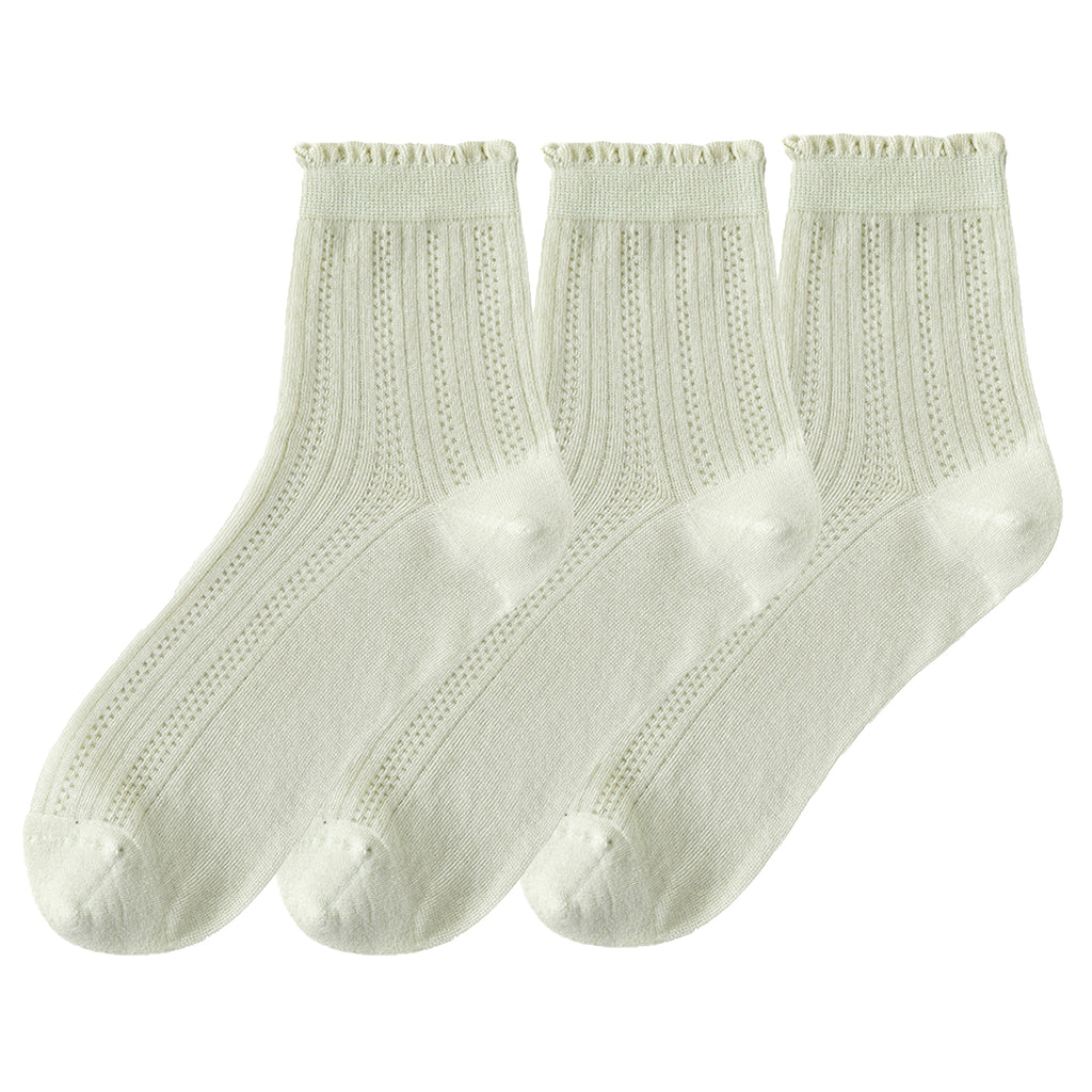 Anna-Kaci 3 Pairs Women's Ruffle Trim Crew Socks Soft Cotton Knit Lightweight Ribbed Texture with Scalloped Edge for Everyday Wear
