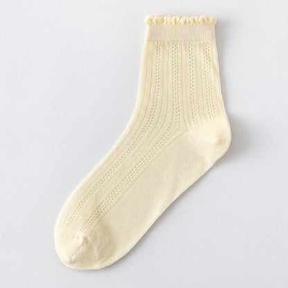 Anna-Kaci 3 Pairs Women's Ruffle Trim Crew Socks Soft Cotton Knit Lightweight Ribbed Texture with Scalloped Edge for Everyday Wear