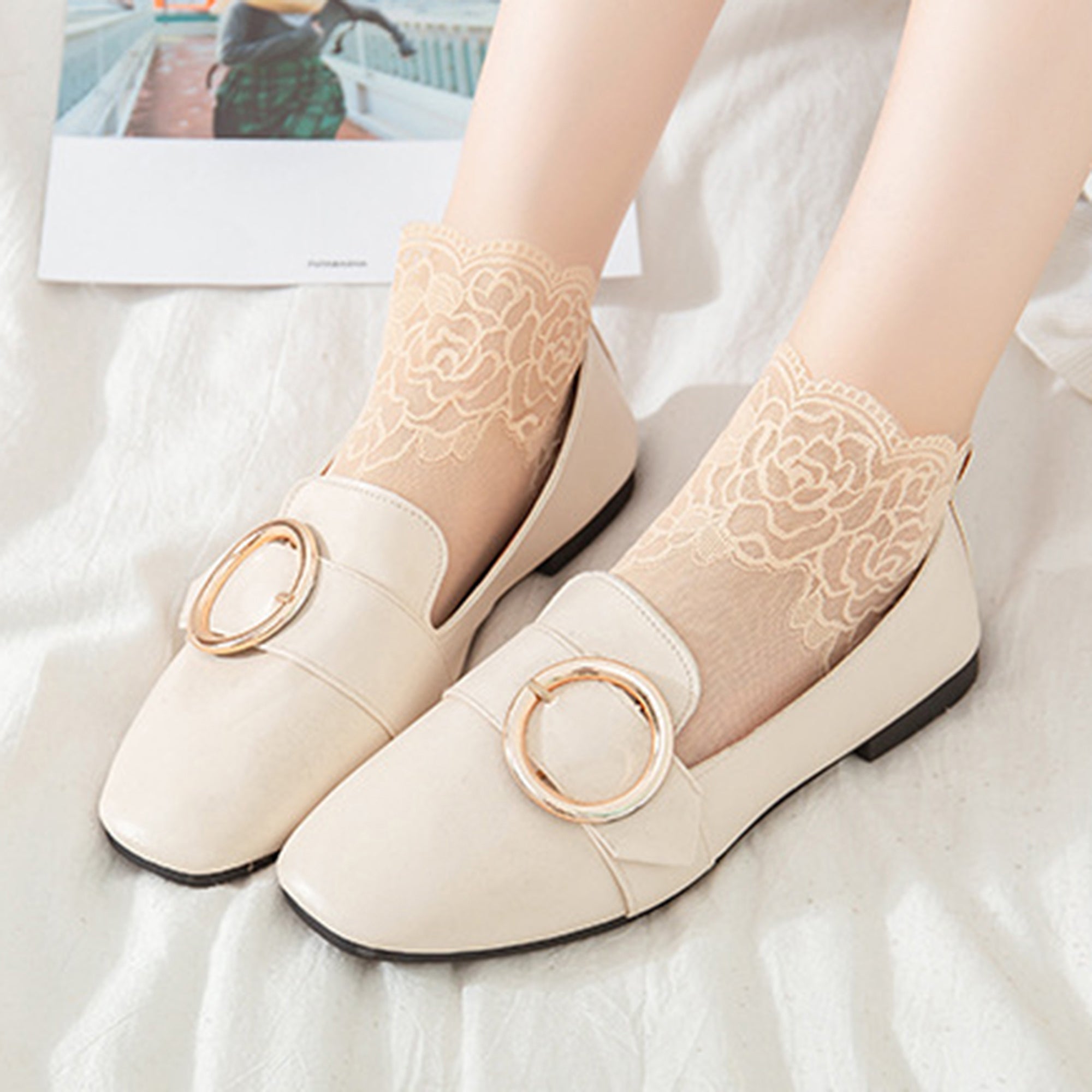 Anna-Kaci 6 Pairs Women's Floral Lace No Show Socks Lightweight Low Cut Sheer Liner with Silicone Heel Grip Elegant Invisible Design for Flats