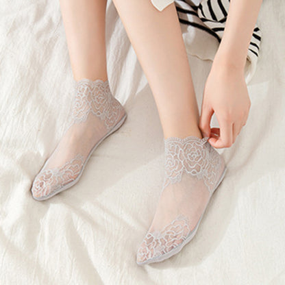 Anna-Kaci 6 Pairs Women's Floral Lace No Show Socks Lightweight Low Cut Sheer Liner with Silicone Heel Grip Elegant Invisible Design for Flats