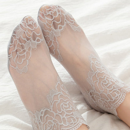 Anna-Kaci 6 Pairs Women's Floral Lace No Show Socks Lightweight Low Cut Sheer Liner with Silicone Heel Grip Elegant Invisible Design for Flats